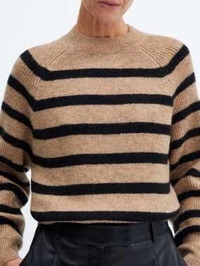 Mango Striped Crewneck Sweater in Camel and Black